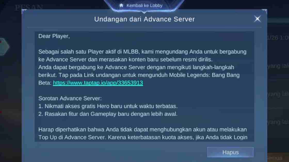 Cek Inbox Undangan Advance Server Mobile Legends (ML) Serta Cara Masuk-nya