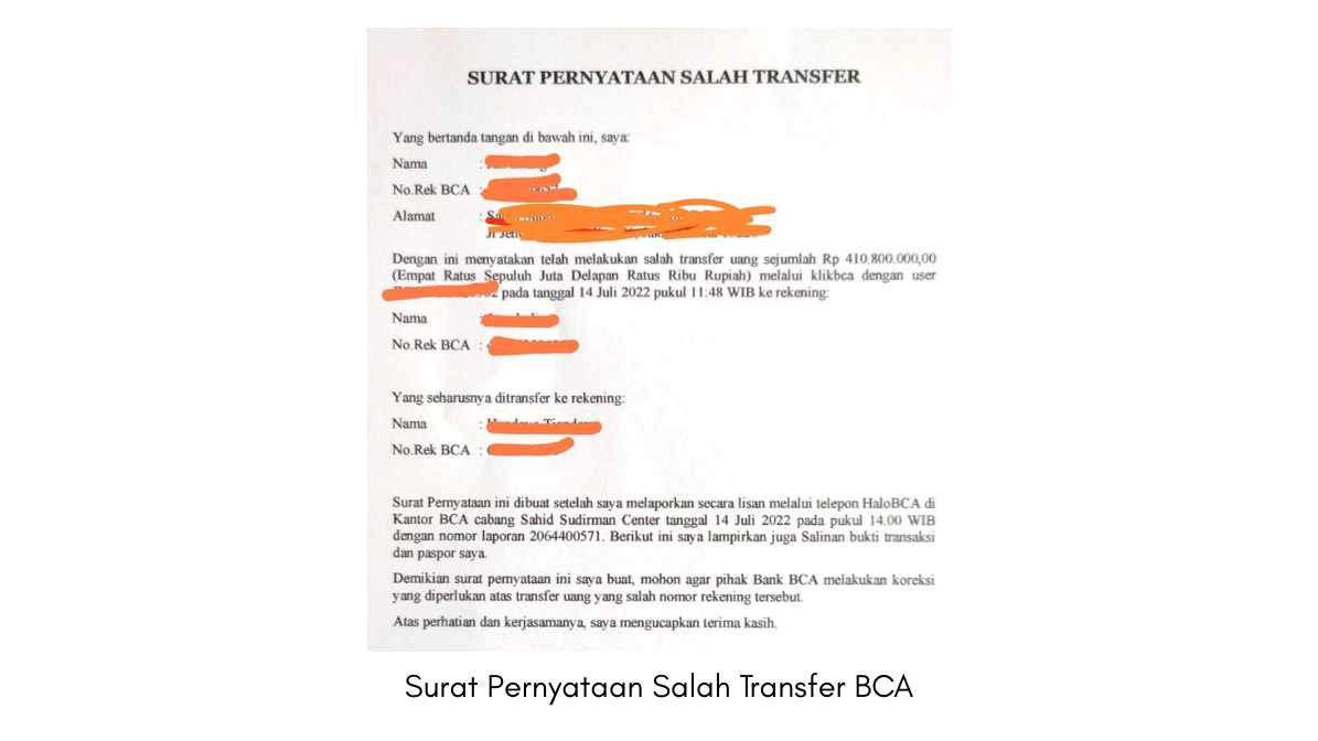 Surat Pernyataan Salah Transfer BCA